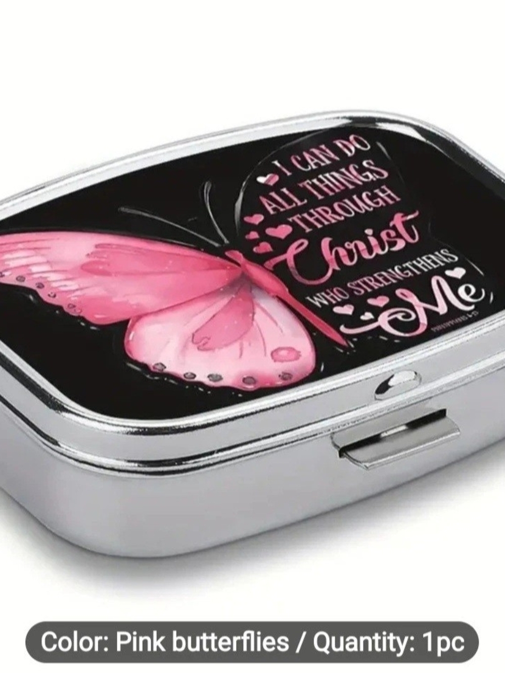Pink & Black Butterfly Inspirational Pill Box W/2 Compartments & Mirror.
